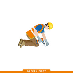 Works with a screwdriver. Worker, builder works with a construction tool. Vector illustration of a man constructor with instruments in his hands