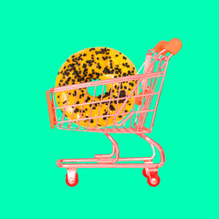Basket on a bright background. Minimal creative style. Sales, discount and shopping concept. Empty...