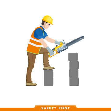 Works as a saw. Worker, builder works with a construction tool. Vector illustration of a man constructor with instruments in his hands