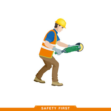 Works on a grinder. Worker, builder works with a construction tool. Vector illustration of a man constructor with instruments in his hands