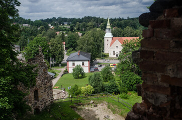 Fototapeta na wymiar Panoramic view from above to small town Rauna in Latvia