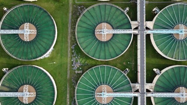 Aerial view of Recirculation Solid contact Clarifier Sedimentation Tank in Water treatment plant