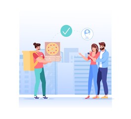 Vector cartoon flat characters receive online orders buys.Food delivery service workflow-courier gives purchase,ordered pizza to happy customers-online shop,web site banner ad concept
