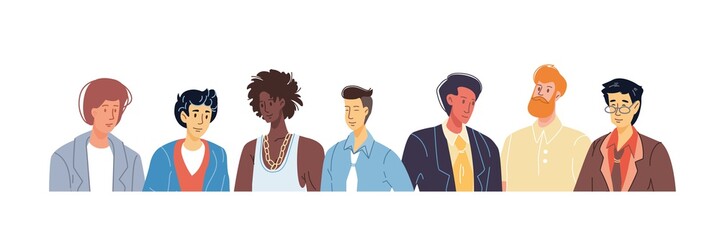 Set of cartoon boy man flat characters of different looks, status and professions-various poses, clothes, emotions- social concept