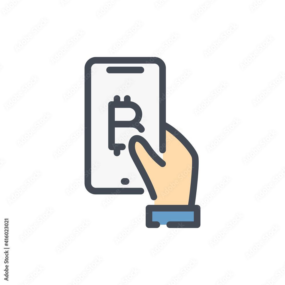 Poster bitcoin mobile payment color line icon. mobile phone with hand and bitcoin vector outline colorful s