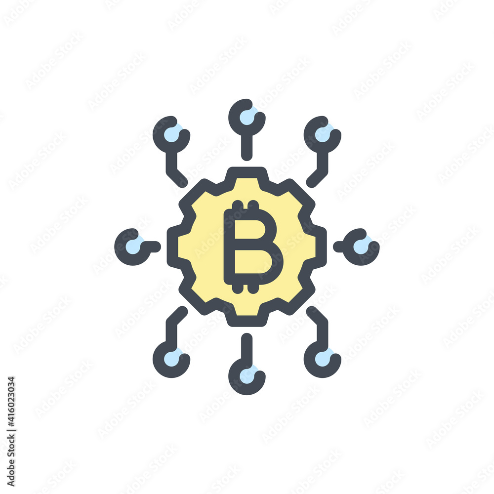Poster bitcoin network color line icon. gear with connections and bitcoin vector outline colorful sign.