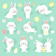 Set of cute Easter bunnies, flowers and decorated eggs on a blue background. Traditional symbol of Easter. Funny animals in different poses.