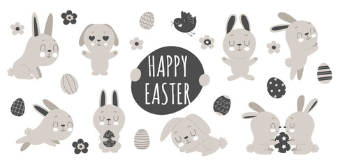 Fototapeta premium Set of cute Easter bunnies, flowers and decorated eggs on a white background. Traditional symbol of Easter. Funny animals in different poses.