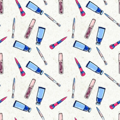 Make up seamless pattern. Hand drawn beauty background.