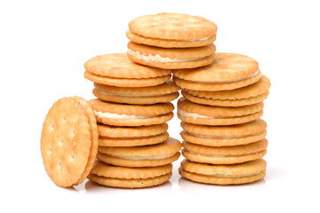 vanilla sandwich cookies on white background