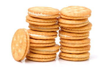 vanilla sandwich cookies on white background