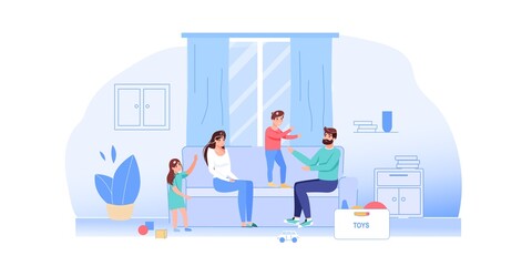 Vector cartoon flat family characters life scene situation.Children misbehave,bothering mom and dad,parents try calm them-quarantine communication,family relationships,web site banner ad concept