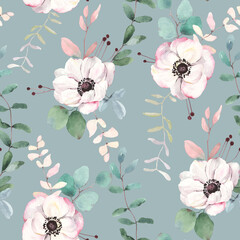 Floral seamless pattern with white anemones and colorful leaves on grey-blue background. Watercolor illustration in vintage style.