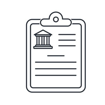 A document with a picture of a bank. Concept of an important bank document, documentation in a folder with files, terms of an agreement. Vector icon isolated on white background. 