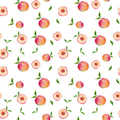 Seamless hand drawn pattern with mall  peaches and leaves made by oil pastel. Isolated on a white background