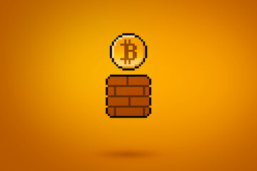 Pixel bitcoin coming from a gaming block