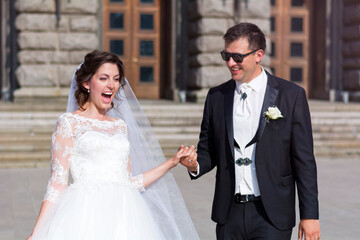 Bride and Husband Having Fun  in their Wedding Day 