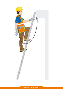 Rules for working at height. Safety engineering. Scaffolding and ladders for work at heights. Builder, worker, assembler, high-rise work. Vector illustration of a man in construction clothes