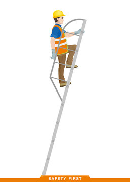 Rules For Working At Height. Safety Engineering. Scaffolding And Ladders For Work At Heights. Builder, Worker, Assembler, High-rise Work. Vector Illustration Of A Man In Construction Clothes