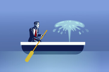 Businessman Sits on Leaked Canoe Blue Collar Illustration Concept