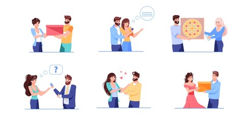 Set of vector cartoon flat characters friends,lovers,couples communication.Happy young people in love rejoice,hugging,talking,gives presents to each other-emotions,friendship,family,social concept
