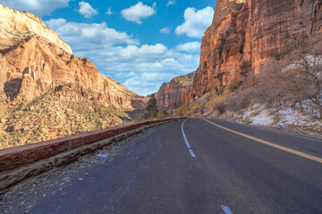 Beautiful scenery, views of an incredibly scenic road surrounded by rocks and mountains in Zion National Park, Utah, USA.