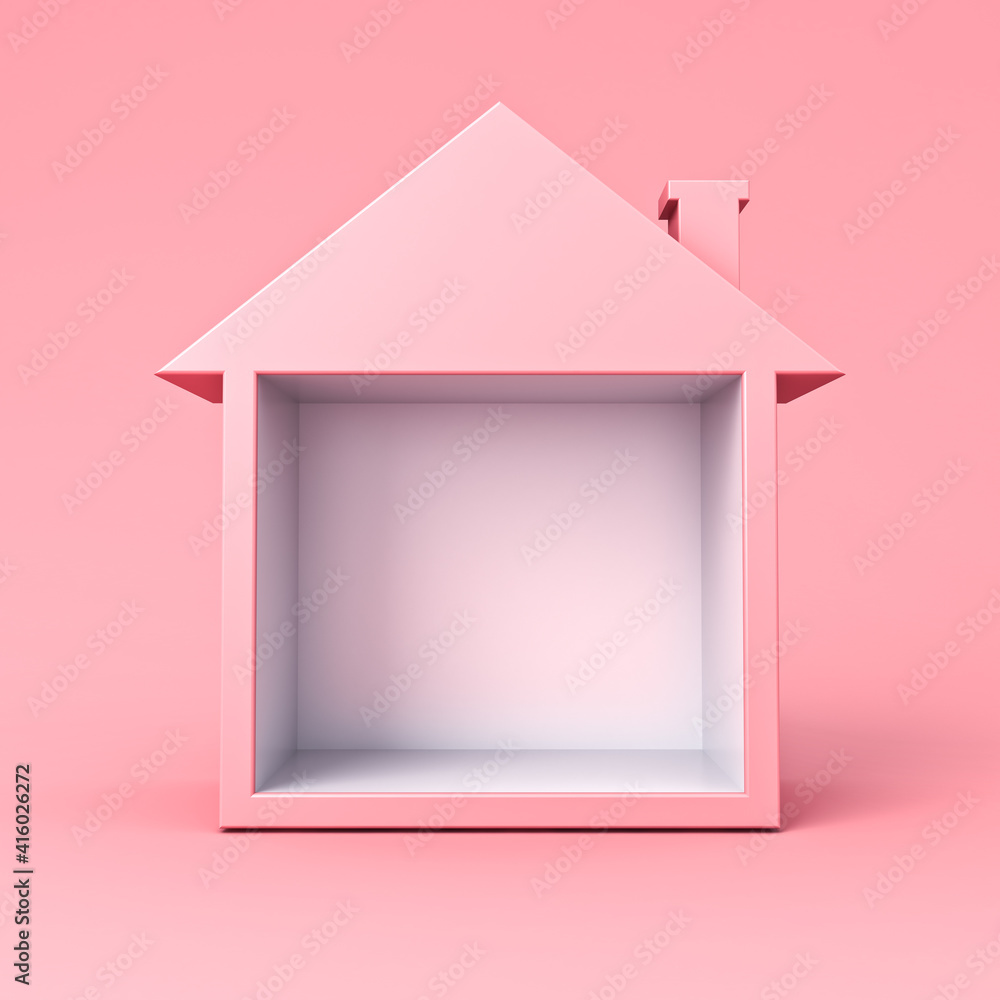 Poster sweet exhibition booth blank display house box stand isolated on pink pastel color background minima
