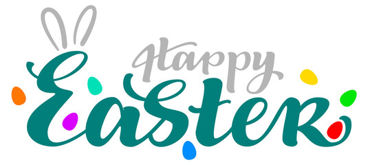 Fototapeta premium Happy Easter text lettering template banner greeting card. Rabbit ears and painted eggs symbol of easter