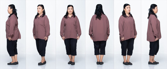 Senior Asian Woman black hair stand 360 turn rear side back view isoalted