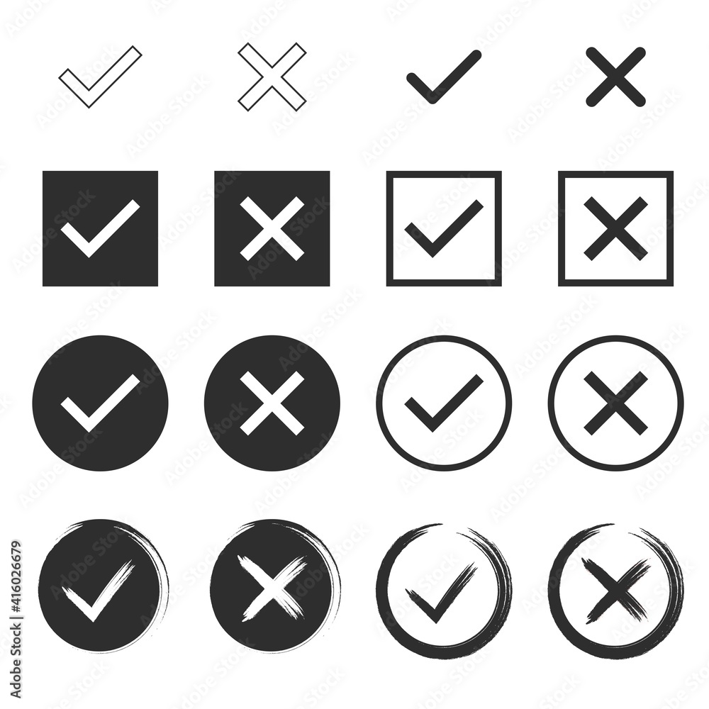 Poster set of simple chek marks icon. black and white tick and cross. yes or no accept and decline symbol. 