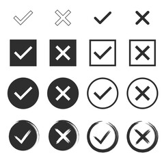 Set of simple chek marks icon. Black and white tick and cross. YES or NO accept and decline symbol. Buttons for vote, election choice. Empty, square frame, circle and brush. Check mark OK and X icons.