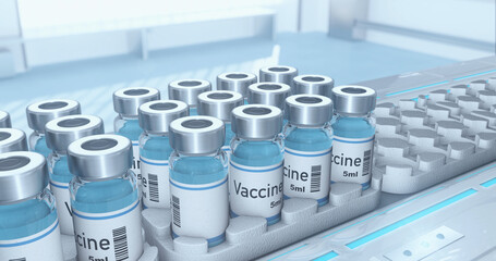 Pharmaceutical manufacturing line. Cardboard automatic factory packaging machine for packaging ampoules with vaccine and medicines. Cold shade filter