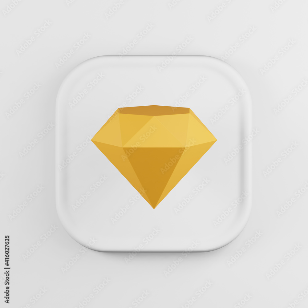 Poster yellow diamond icon cartoon style. 3d rendering white square key button, interface ui ux element.