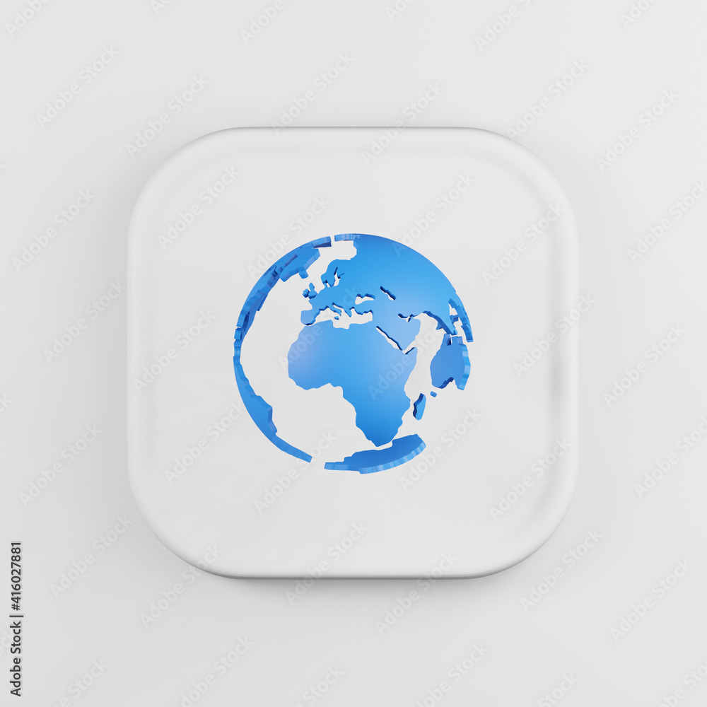 Poster globe icon with continents cartoon style. 3d rendering white square key button, interface ui ux elem