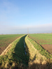Fen drain in agricultural field. Open blue sky with clouds. Winter landscape. Europe UK East Lincolnshire Mablethorpe. 