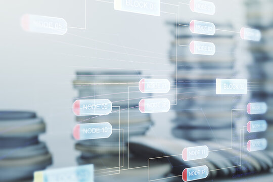 Multi exposure of abstract programming language hologram on growing coins stacks background, artificial intelligence and machine learning concept