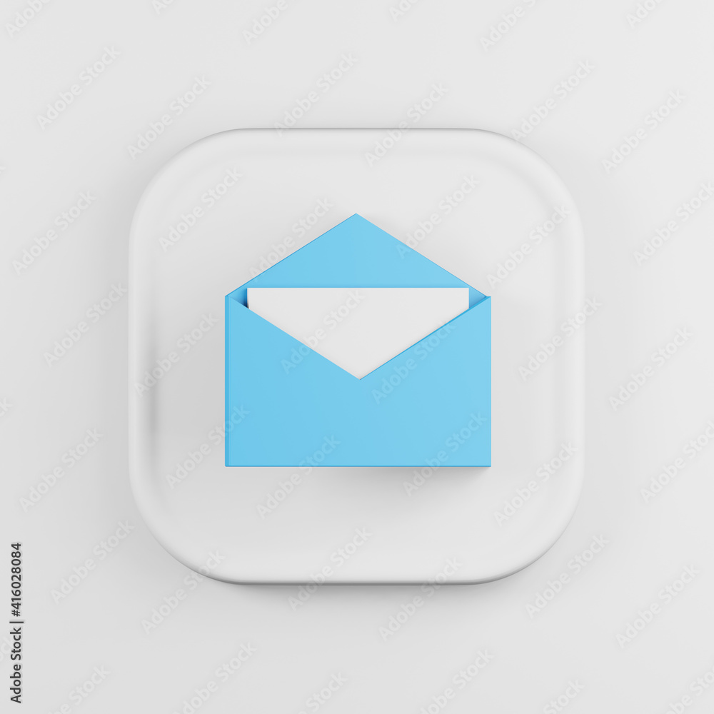 Poster blue envelope icon with letter cartoon style. 3d rendering white square key button, interface ui ux 