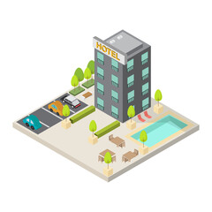 Hotel building with swimming pool. Building  isometric 3d style . Vector illustration.