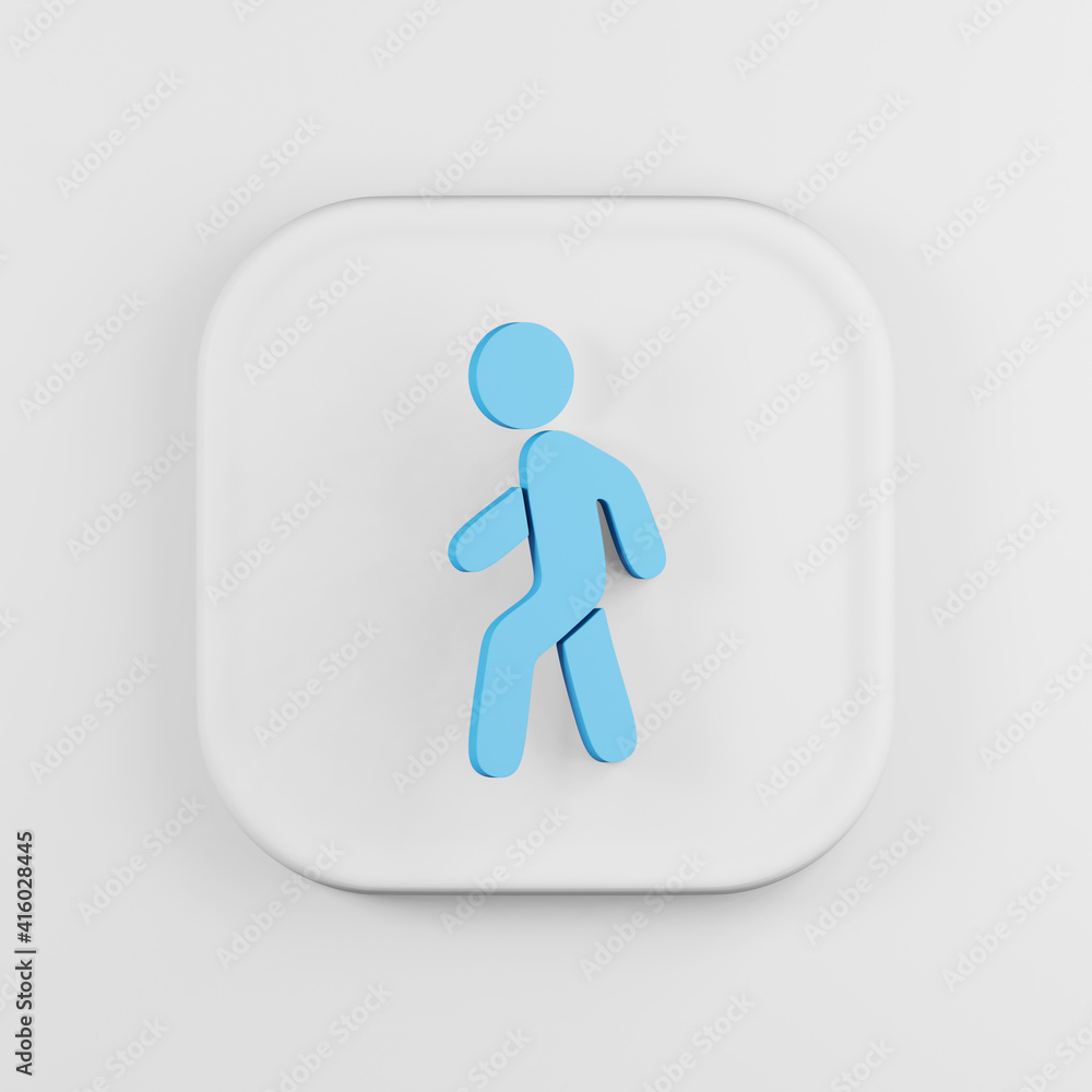 Poster blue walking man flat outline icon. 3d rendering white square button key, interface ui ux element.