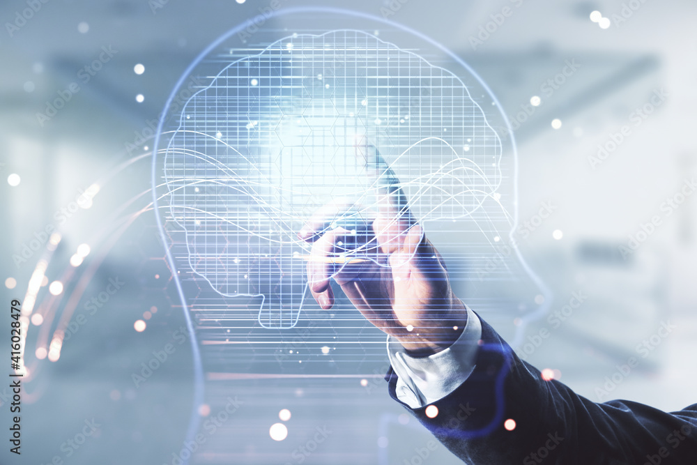 Poster double exposure of man hand presses on creative artificial intelligence hologram on blurred office b