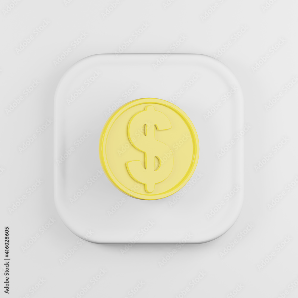 Poster dollar coin yellow icon in cartoon style. 3d rendering white square button key, interface ui ux elem