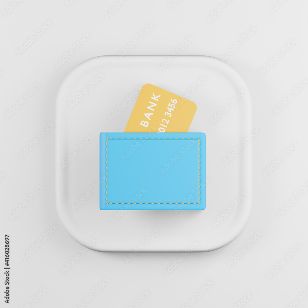 Poster blue wallet icon with bank cards cartoon style. 3d rendering white square button key, interface ui u
