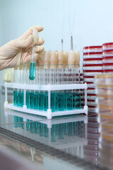 Development of a new vaccine. A vaccine against Covid 19. Clinical and diagnostic laboratory. An unrecognizable person. Only hands with protective gloves.Coronavirus infection. 