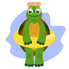Turtle standing with swimming circle. Anthropomorphic animal in cartoon style.