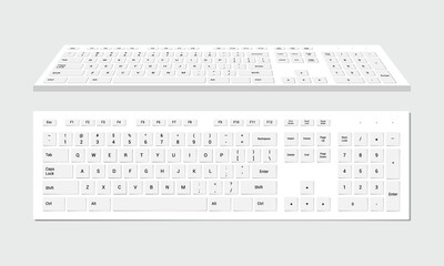 Computer keyboards. White and black color, realistic keyboard, alphabet. Top view and perspective.