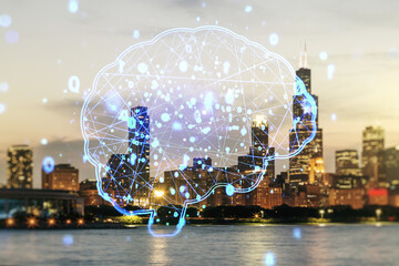 Obraz premium Virtual creative artificial Intelligence hologram with human brain sketch on Chicago skyline background. Multiexposure