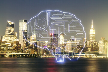 Obraz premium Virtual creative artificial Intelligence hologram with human brain sketch on New York city skyline background. Multiexposure