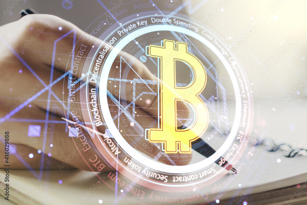 Poster double exposure of creative bitcoin symbol hologram with man hand writing in notepad on background. 