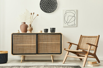 Stylish scandinavian living room interior of modern apartment with wooden commode, design armchair, carpet, dried flowers  and personal accessories in unique home decor. Template.