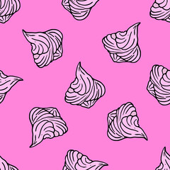 Seamless pattern vector hand-drawn meringue in pink with a black outline on a pink background .the contours of the sweet meringue-in pink colors for the menu backgrounds and square format template des